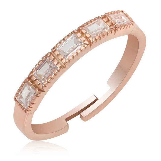 Rose Plated Adjustable Baguette Women's Silver Ring