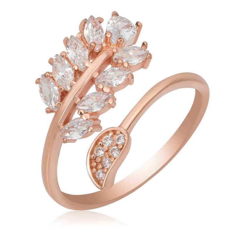 Rose Plated Adjustable White Stone Leaf Women's Silver Ring
