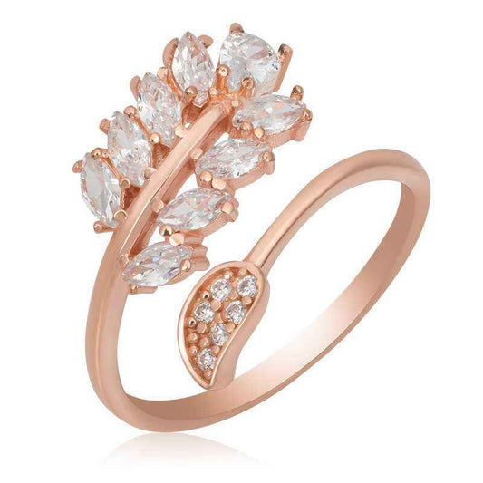 Rose Plated Adjustable White Stone Leaf Women's Silver Ring