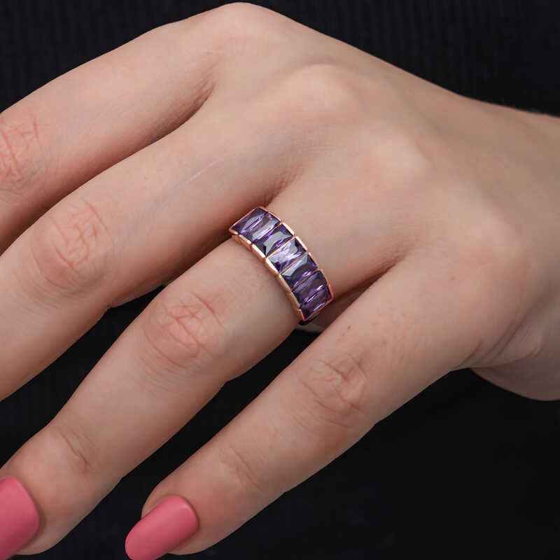 Rose Baguette Amethyst Stone Women's Silver Ring
