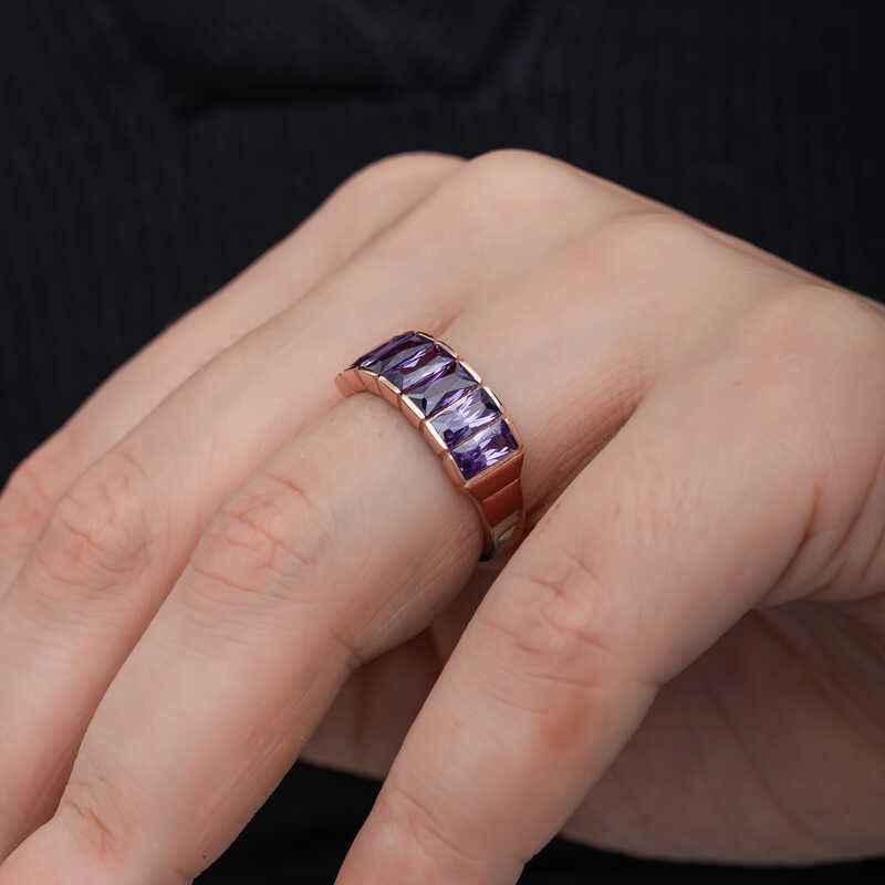 Rose Baguette Amethyst Stone Women's Silver Ring