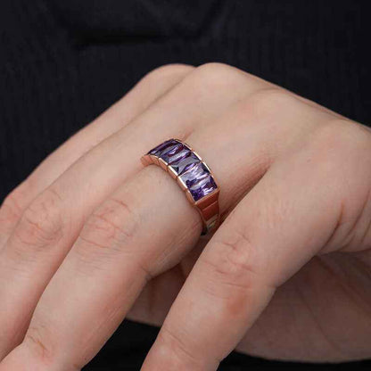 Rose Baguette Amethyst Stone Women's Silver Ring
