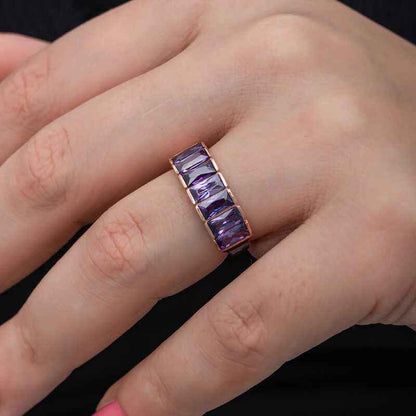 Rose Baguette Amethyst Stone Women's Silver Ring