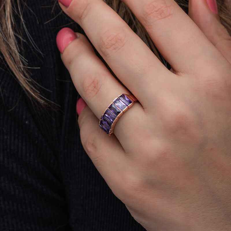 Rose Baguette Amethyst Stone Women's Silver Ring