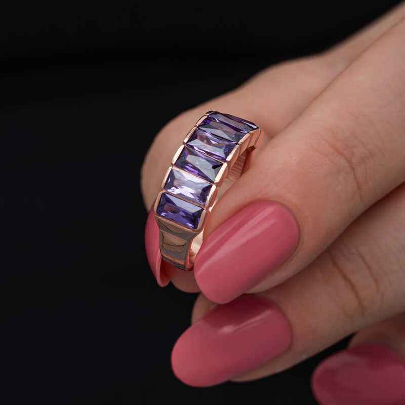 Rose Baguette Amethyst Stone Women's Silver Ring