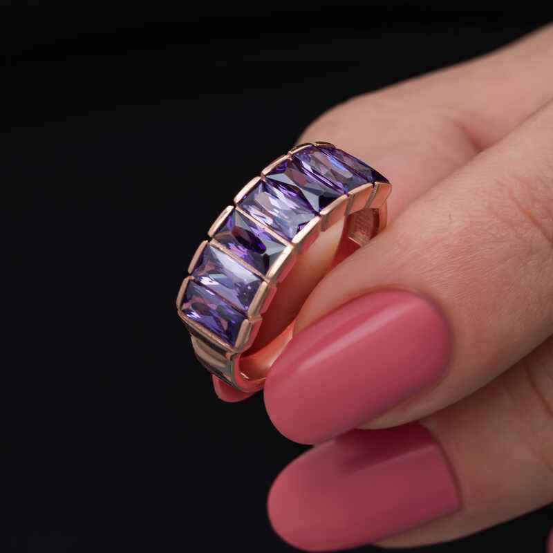 Rose Baguette Amethyst Stone Women's Silver Ring