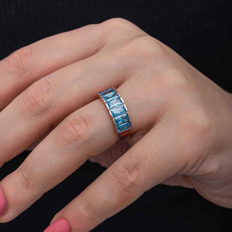 Rose Plated Baguette Aquamarine Stone Women's Silver Ring