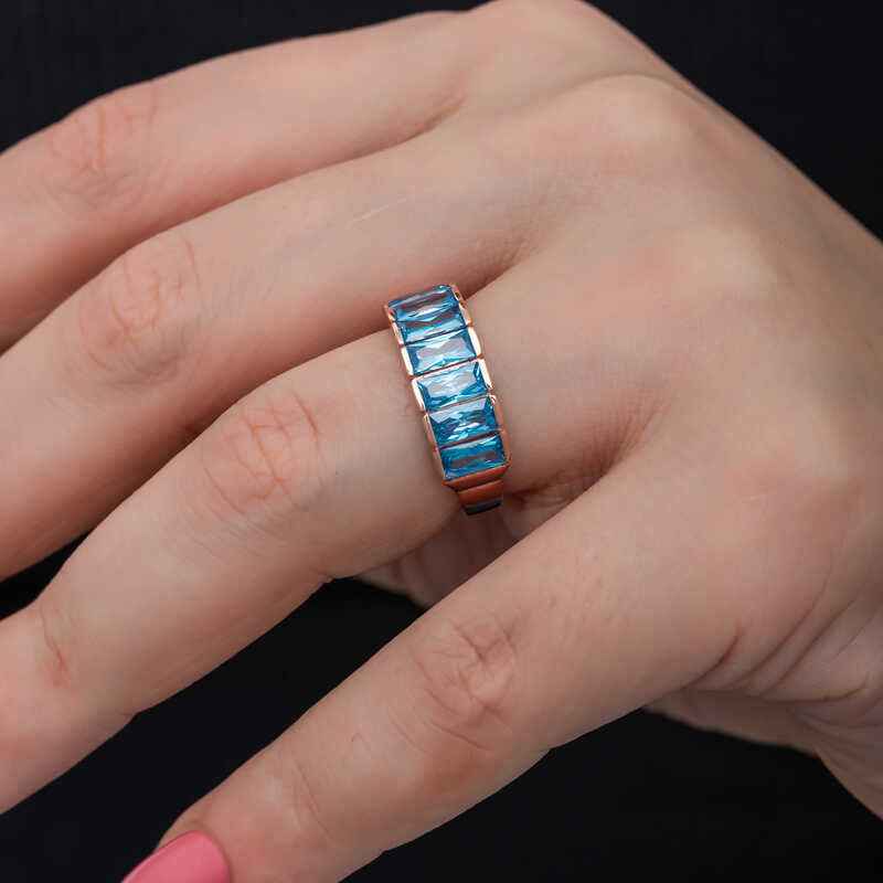 Rose Plated Baguette Aquamarine Stone Women's Silver Ring