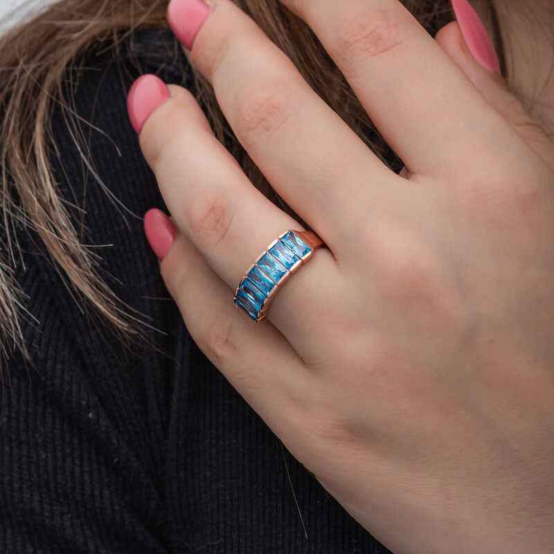 Rose Plated Baguette Aquamarine Stone Women's Silver Ring