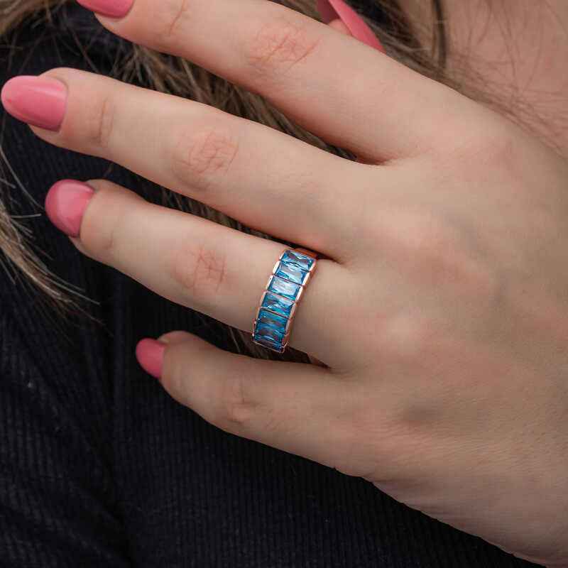 Rose Plated Baguette Aquamarine Stone Women's Silver Ring
