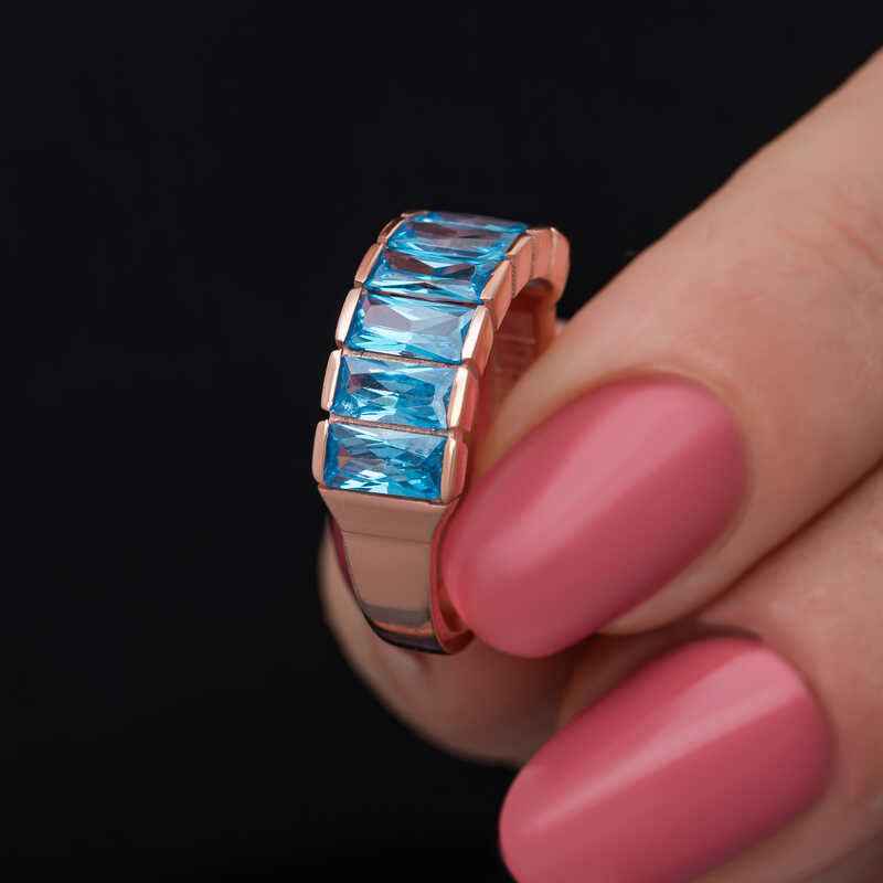 Rose Plated Baguette Aquamarine Stone Women's Silver Ring