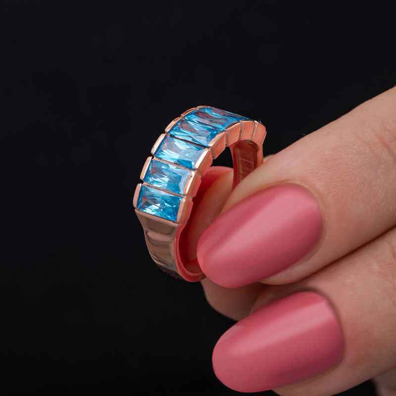 Rose Plated Baguette Aquamarine Stone Women's Silver Ring