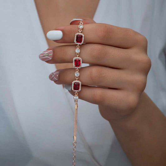 Rose Plated Baguette Red Stone Women's Silver Bracelet