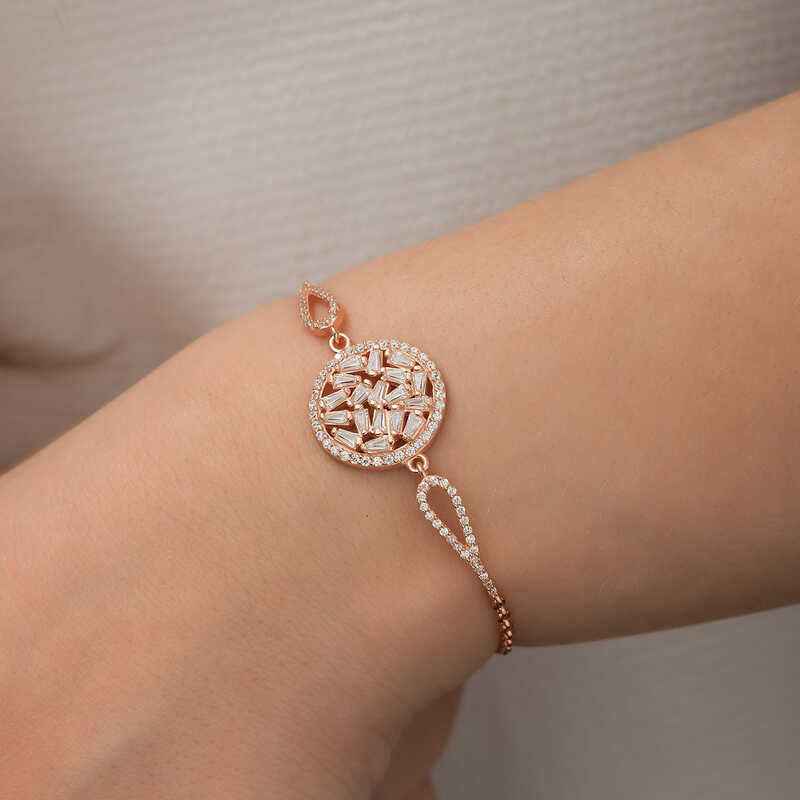 Rose Plated Baguette Stone Silver Bracelet