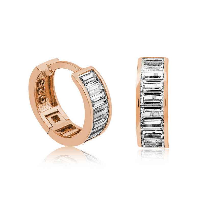 Rose Plated Baguette Stone Silver Hoop Earrings