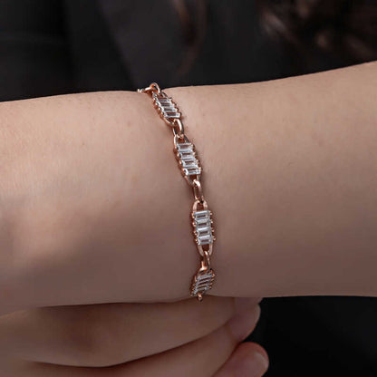 Rose Gold Plated Baguette Stone Women's Silver Bracelet