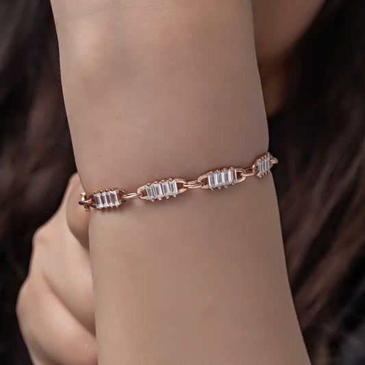 Rose Gold Plated Baguette Stone Women's Silver Bracelet