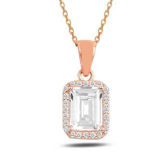 Rose Plated Baguette Stone Women's Silver Necklace