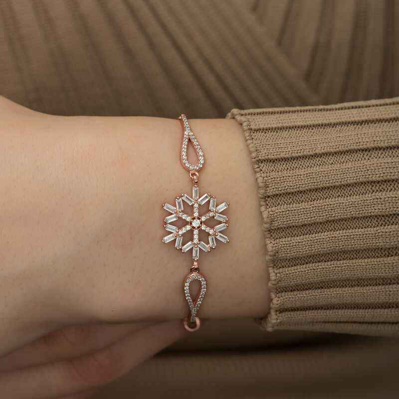 Rose Gold Plated Baguette Stone Snowflake Silver Bracelet