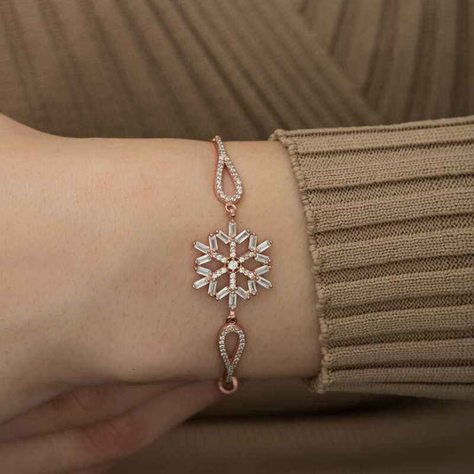 Rose Gold Plated Baguette Stone Snowflake Silver Bracelet