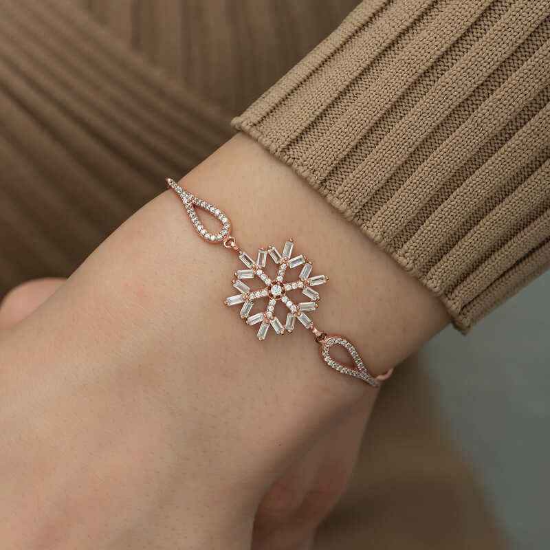 Rose Gold Plated Baguette Stone Snowflake Silver Bracelet