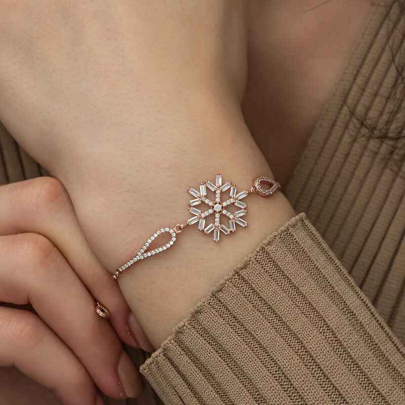 Rose Gold Plated Baguette Stone Snowflake Silver Bracelet