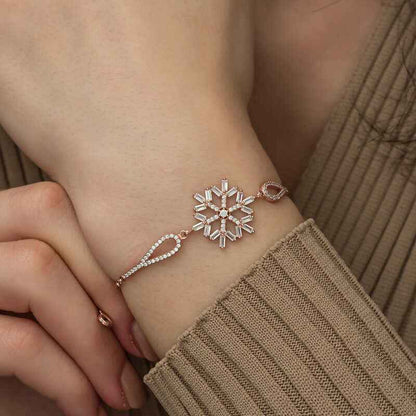 Rose Gold Plated Baguette Stone Snowflake Silver Bracelet