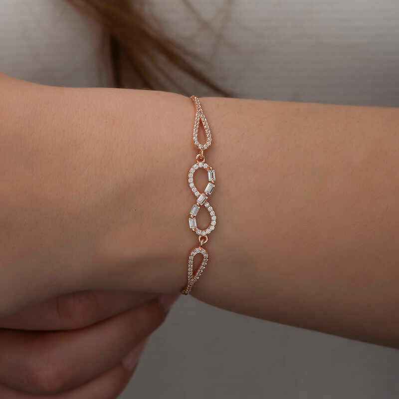 Rose Plated Baguette Stone Infinity Silver Bracelet