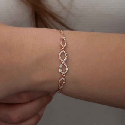 Rose Plated Baguette Stone Infinity Silver Bracelet