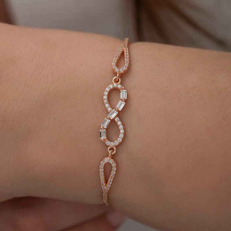 Rose Plated Baguette Stone Infinity Silver Bracelet
