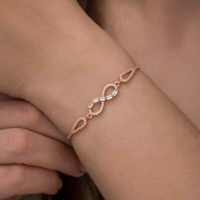 Rose Plated Baguette Stone Infinity Silver Bracelet