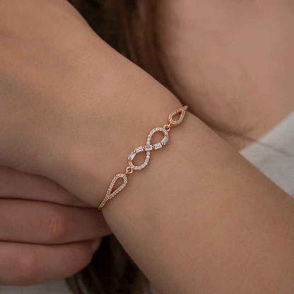Rose Plated Baguette Stone Infinity Silver Bracelet