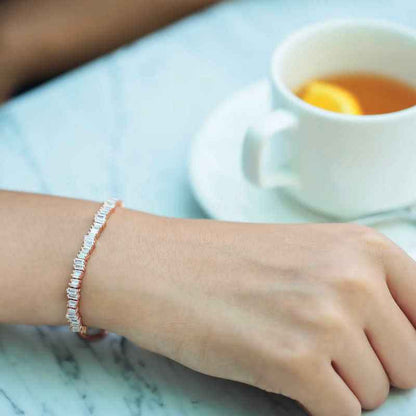 Rose Plated Baguette Stone Waterway Elevator Silver Bracelet