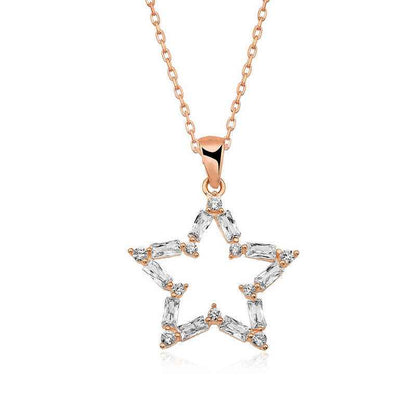 Rose Plated Baguette Stone Star Silver Necklace