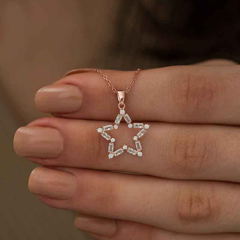 Rose Plated Baguette Stone Star Silver Necklace