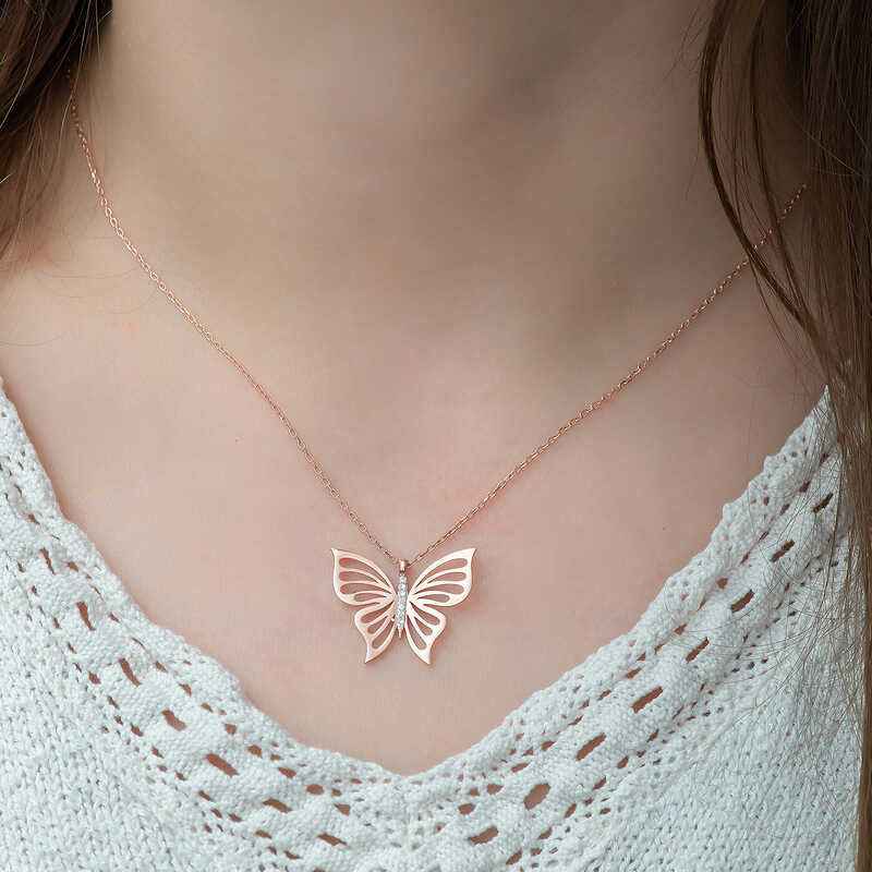 Spring Butterfly Rose Gold Plated Women's Silver Necklace
