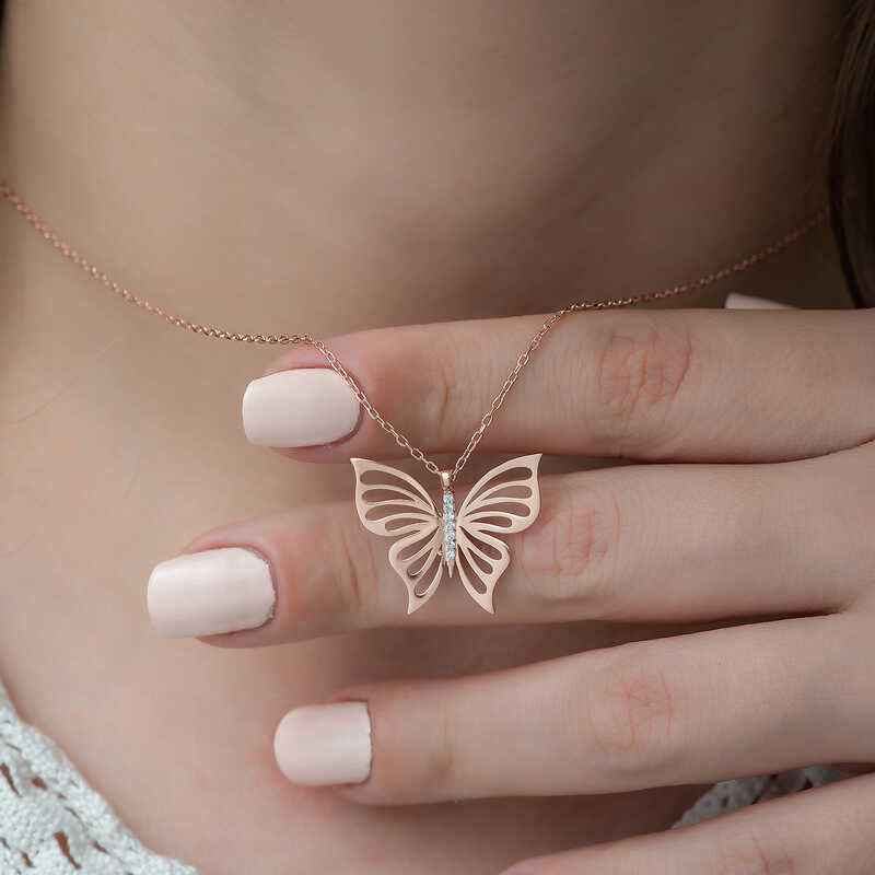 Spring Butterfly Rose Gold Plated Women's Silver Necklace