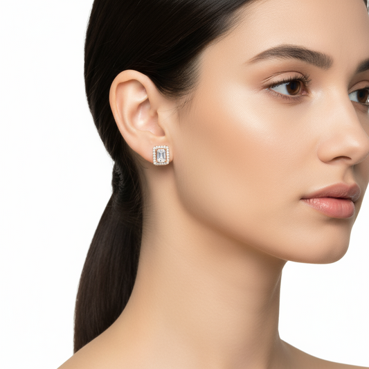 Rosévergoldete Ohrstecker aus weißem Baguette-Stein für Damen