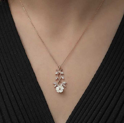 White Spring Flower Rose Plated Silver Necklace