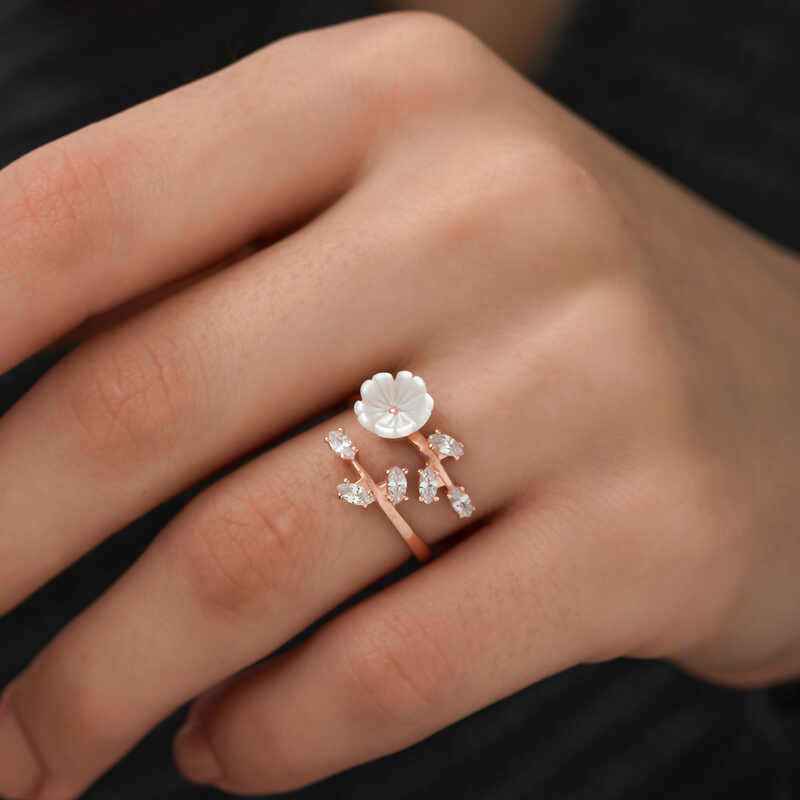 Rose Plated White Spring Flower Silver Ring