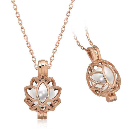 Rose Plated White Pearl Caged Lotus Women's Silver Pendant