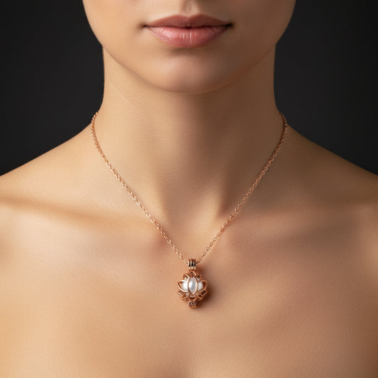 Rosévergoldete weiße Perlenkette mit Lotus-Käfig für Damen, Silber