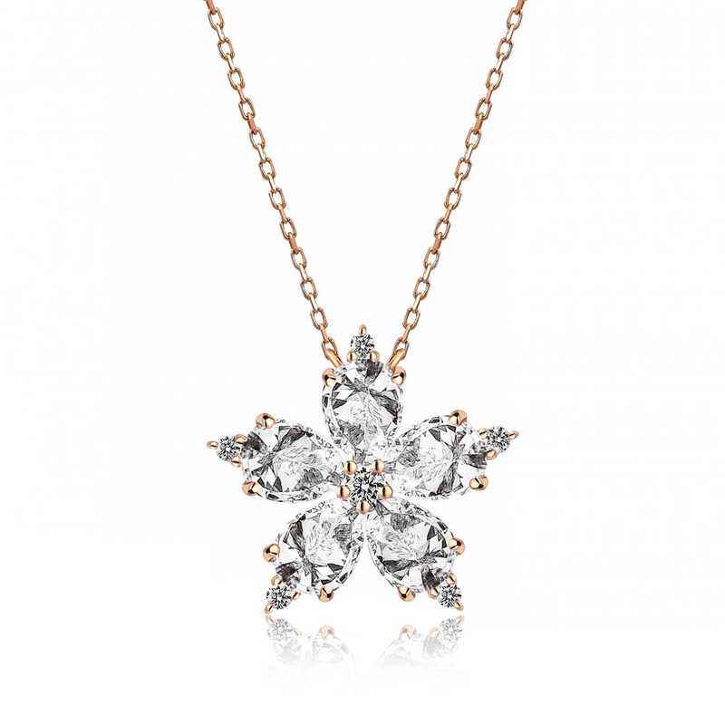 White Camellia Flower Rose Plated Silver Necklace