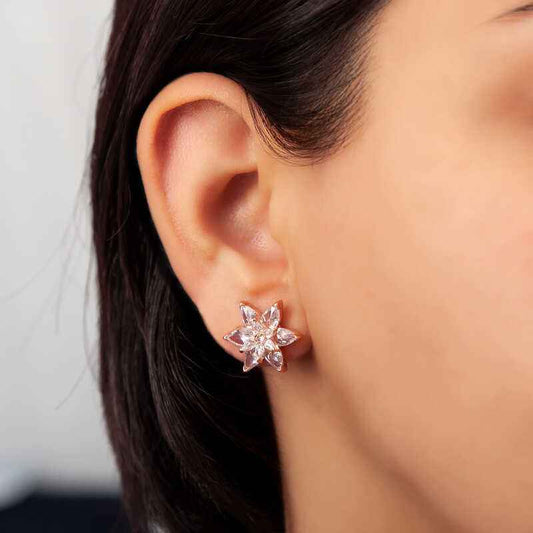 White Lotus Flower Stud Women's Rose Plated Silver Earrings