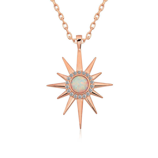 Rose Plated White Opal Stone North Star Silver Necklace