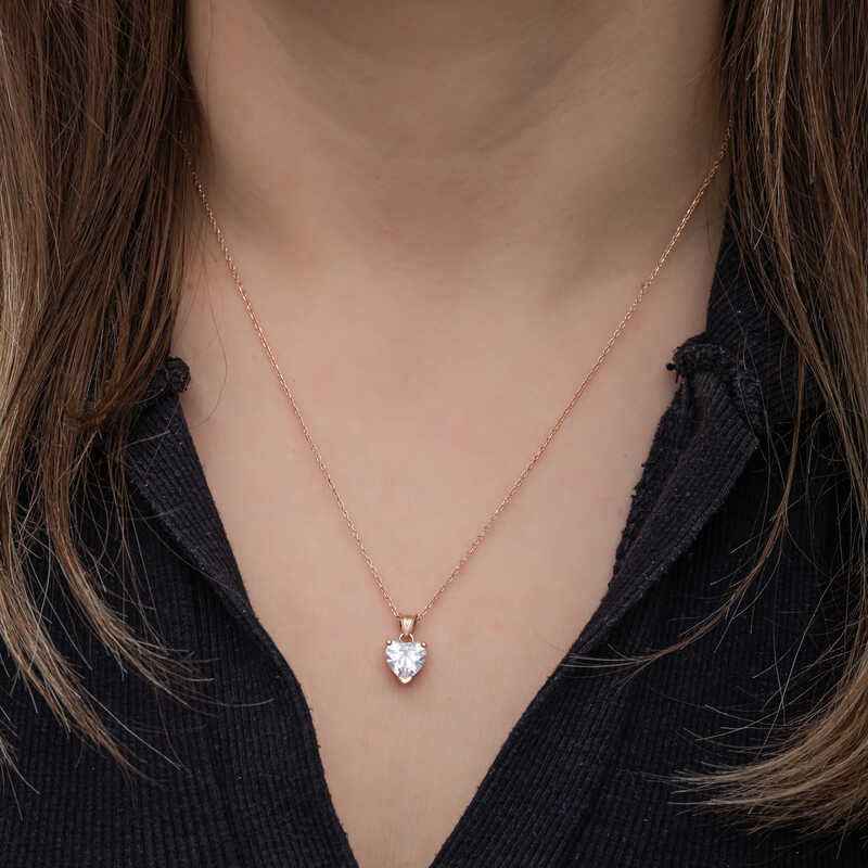 Rose Plated White Stone Heart Women's Silver Necklace