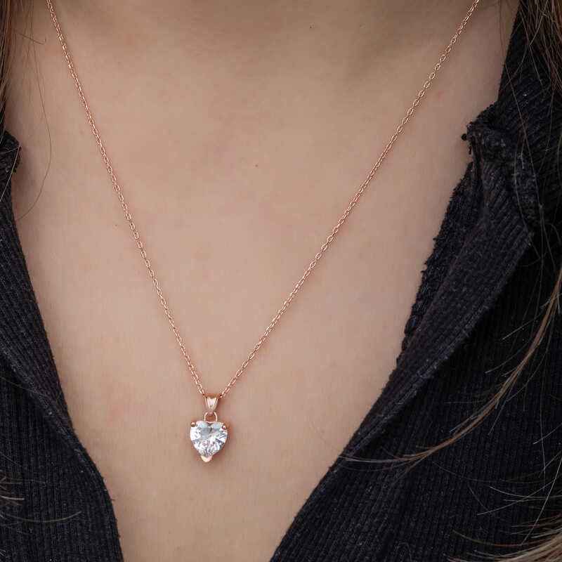 Rose Plated White Stone Heart Women's Silver Necklace
