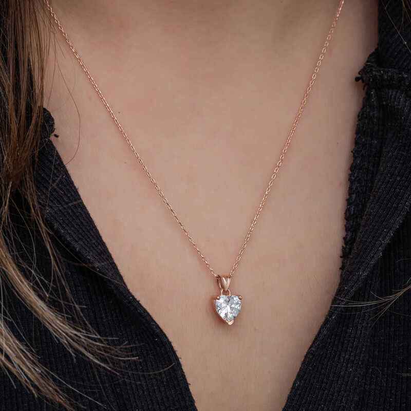 Rose Plated White Stone Heart Women's Silver Necklace