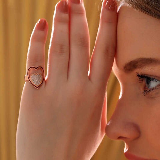 White Stone Heart Rose Plated Women's Silver Ring
