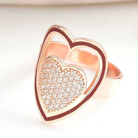 White Stone Heart Rose Plated Women's Silver Ring